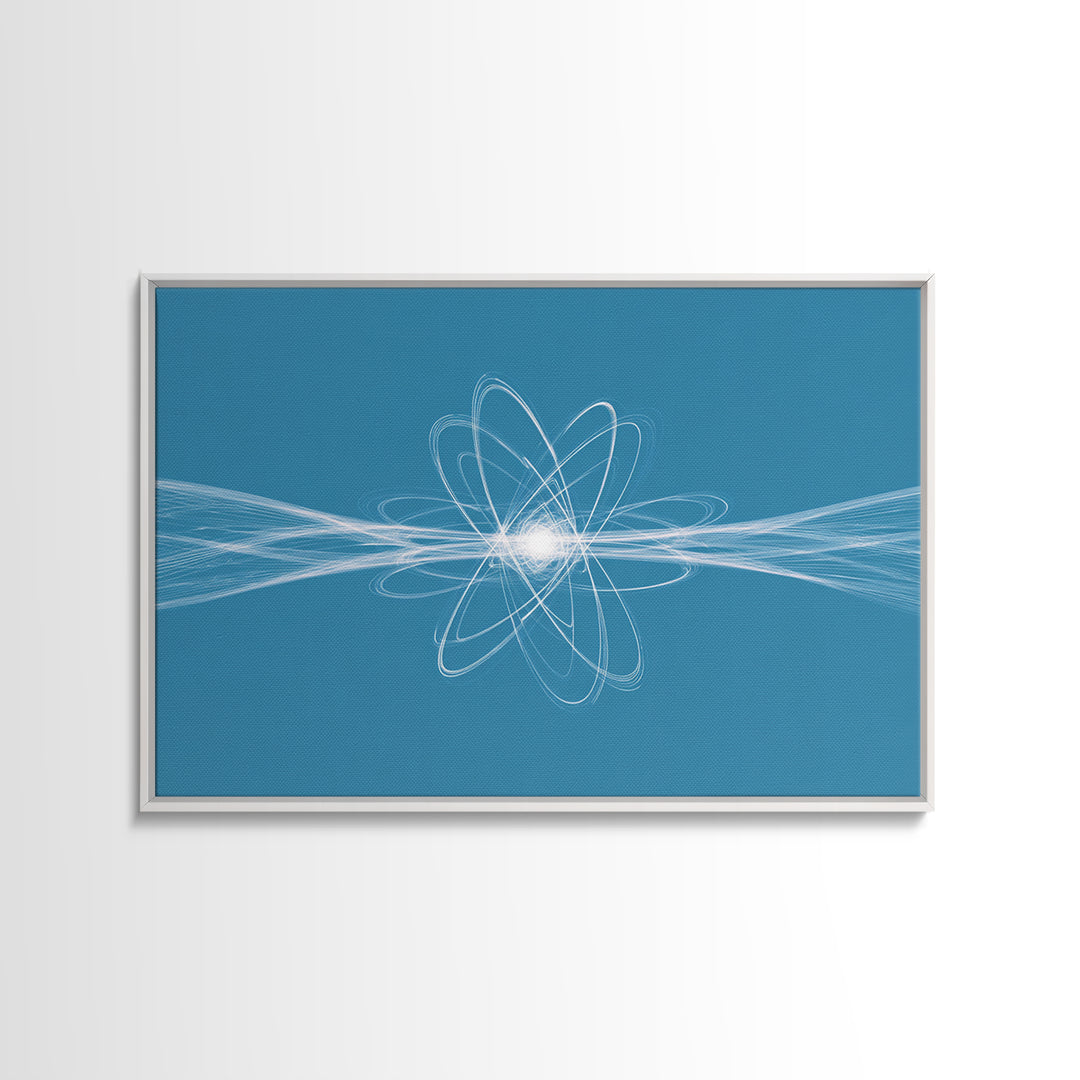 White Atom Energy Lines Canvas Print, Blue Scientific Abstract Art, Modern Wall Decor, Office Decor, Minimalist Art Print