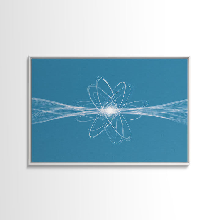 White Atom Energy Lines Canvas Print, Blue Scientific Abstract Art, Modern Wall Decor, Office Decor, Minimalist Art Print