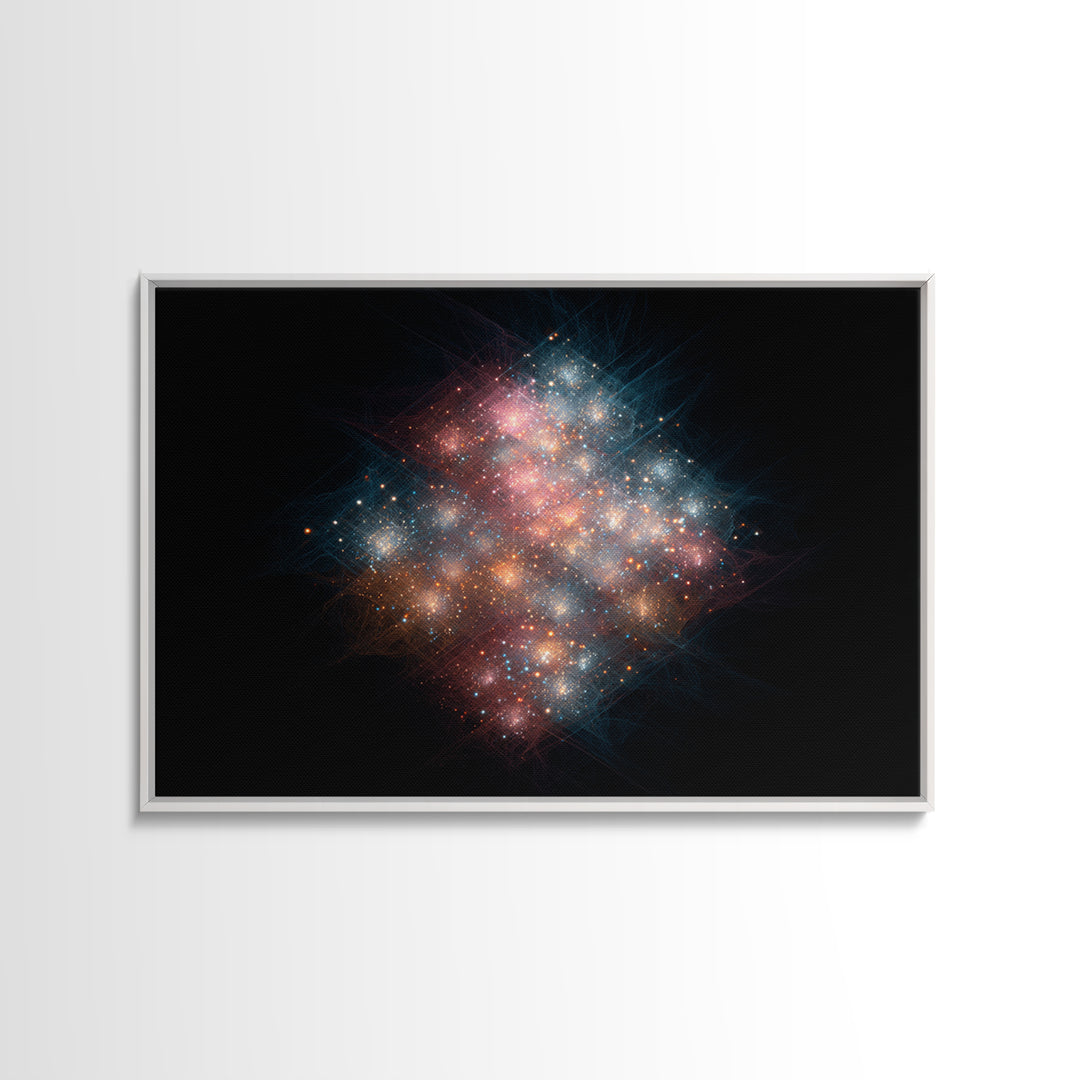 Glowing Cosmic Nebula Particle Cluster Framed Canvas Print, Space Abstract Art, Modern Wall Art, Galaxy Decor, Statement Piece