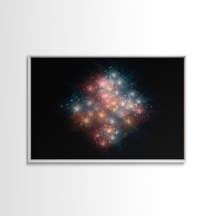 Glowing Cosmic Nebula Particle Cluster Framed Canvas Print, Space Abstract Art, Modern Wall Art, Galaxy Decor, Statement Piece