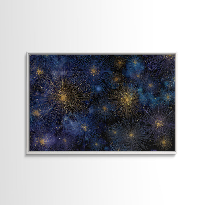 Blue Gold Cosmic Starburst Fireworks Canvas Print, Modern Abstract Art, Space Wall Art, Dark Navy Office Decor, Giclee Print