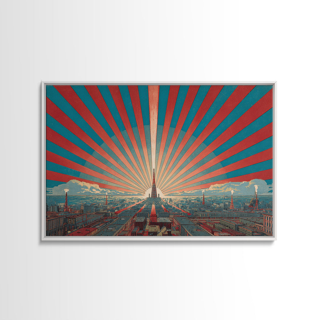 Retro City Skyline Sunburst Wall Art, Art Deco Poster, Midcentury Modern Wall Decor, Teal Red Architectural Print, Living Room Decor