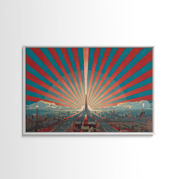 Retro City Skyline Sunburst Wall Art, Art Deco Poster, Midcentury Modern Wall Decor, Teal Red Architectural Print, Living Room Decor