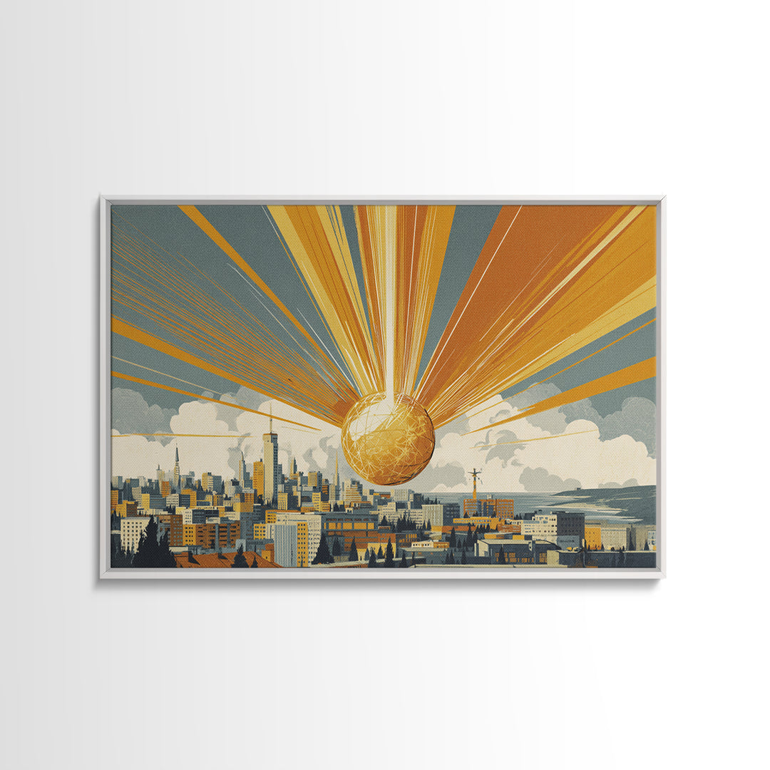 Golden Sphere Over Retro City Skyline Framed Canvas Print, Sunburst Wall Art, Midcentury Modern Decor, Futuristic Poster
