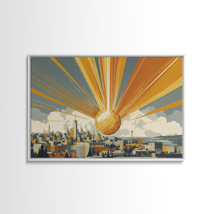 Golden Sphere Over Retro City Skyline Framed Canvas Print, Sunburst Wall Art, Midcentury Modern Decor, Futuristic Poster