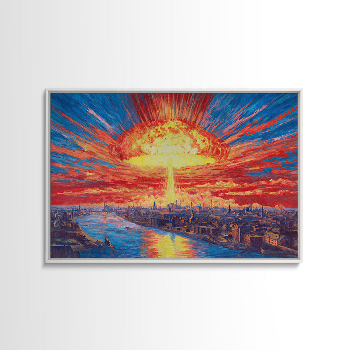 Apocalyptic Sunburst City Skyline Over River Wall Art, Sci Fi Retro Poster, Dramatic Modern Art Print For Living Room Decor