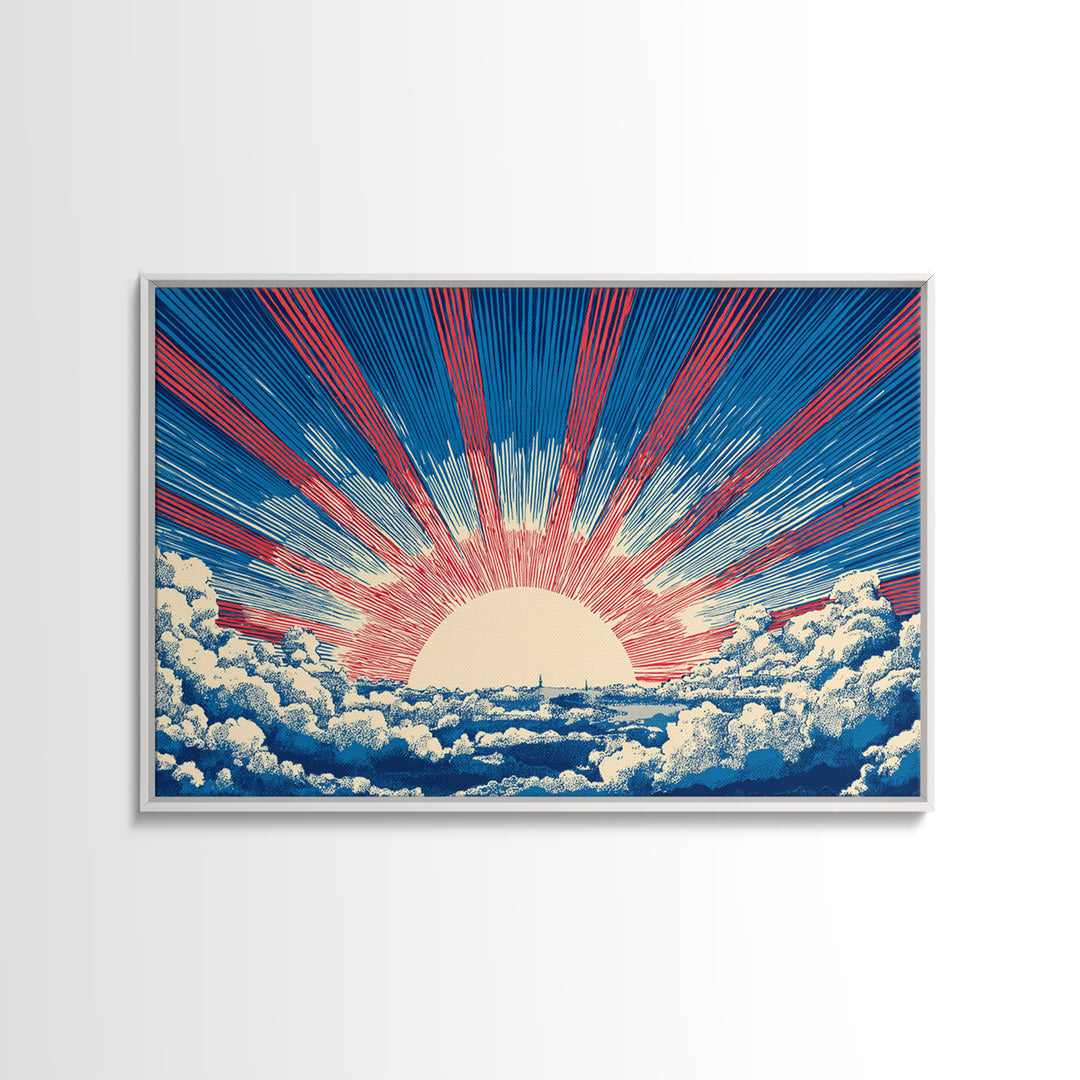 Radiant Sun Above Cloud Sea Canvas Print, Midcentury Modern Art, Retro Sun Poster, Blue Red Rays For Bedroom Wall Decor Prints
