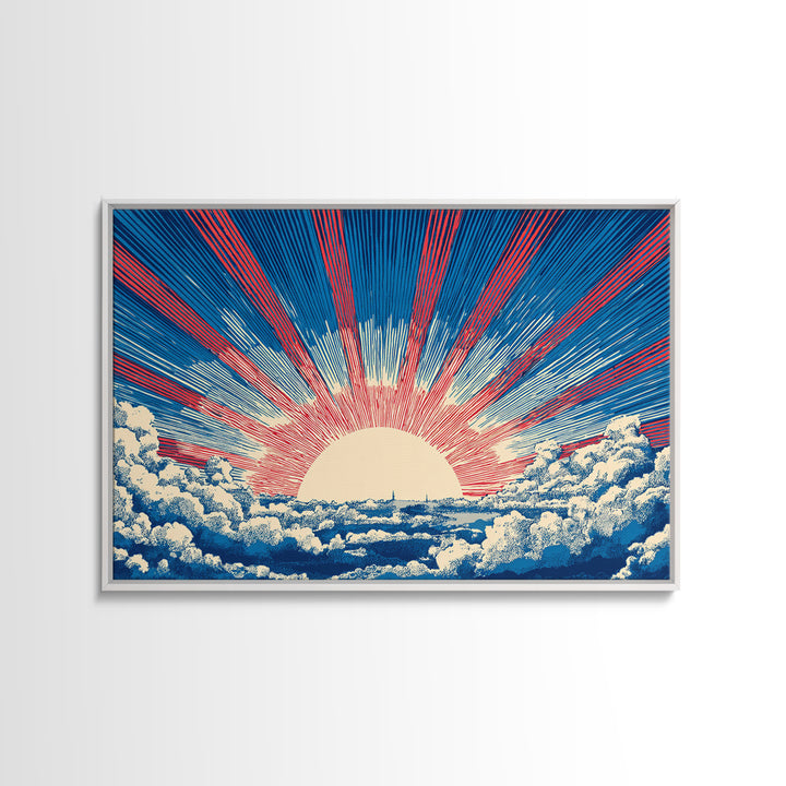 Radiant Sun Above Cloud Sea Canvas Print, Midcentury Modern Art, Retro Sun Poster, Blue Red Rays For Bedroom Wall Decor Prints