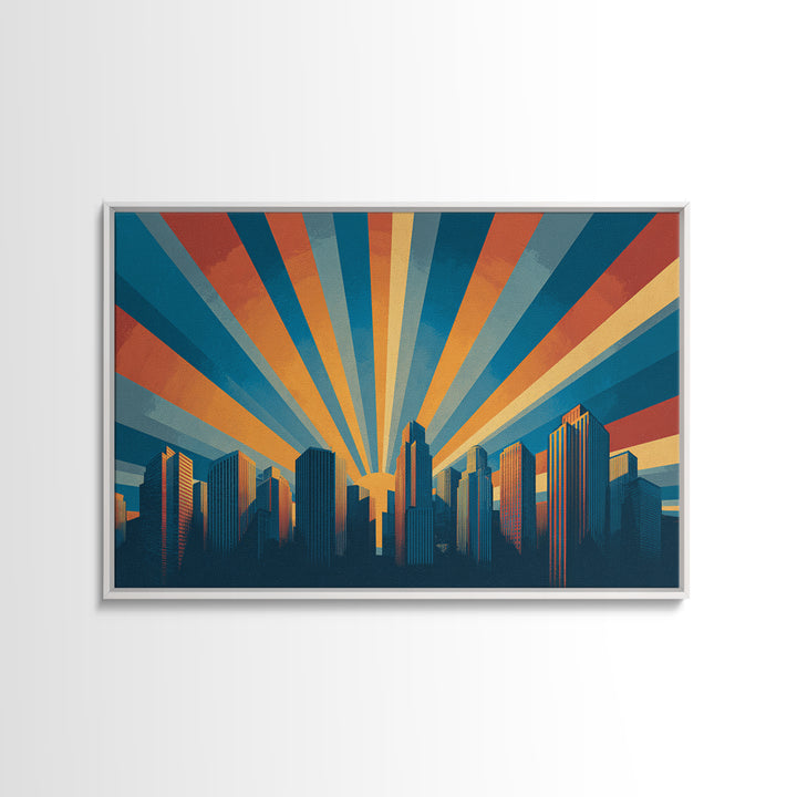 Retro City Skyline Sunrise Rays Wall Art, Midcentury Modern Poster, Urban Modern Art Print For Office And Living Room Decor