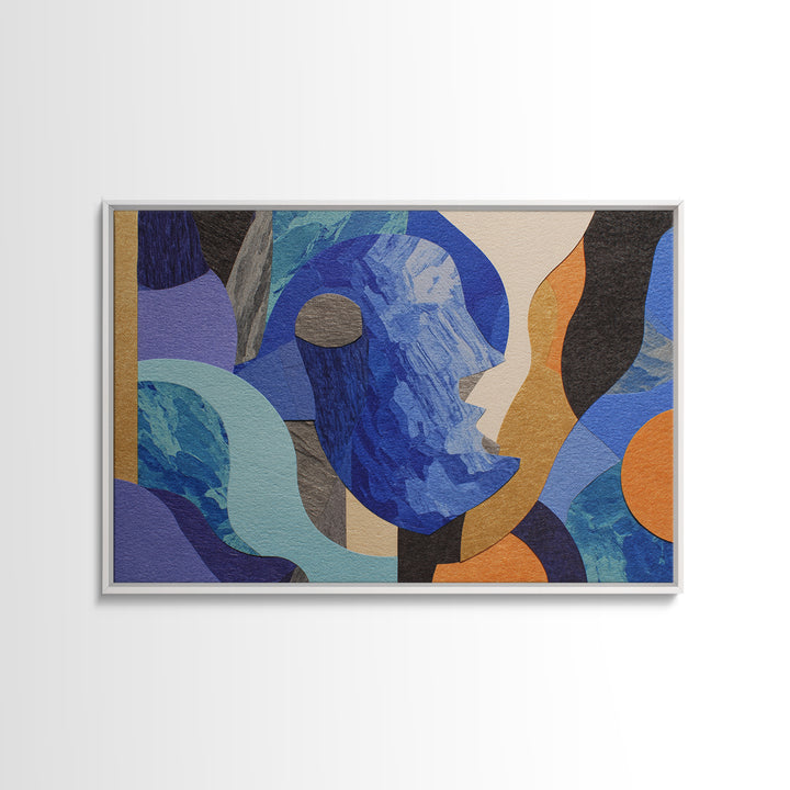Cubist Blue Profile Face Abstract Wall Art, Modern Contemporary Collage Print, Geometric MCM Artwork For Bedroom Decor Gift