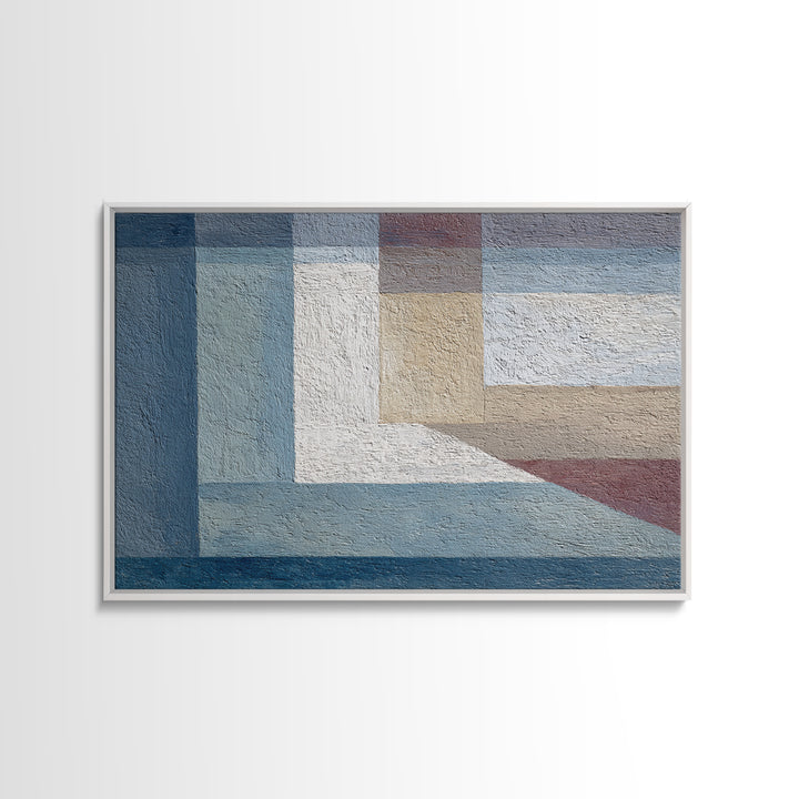 Muted Blue Beige Geometric Blocks Framed Canvas Print, Minimalist Modern Abstract Art, Neutral Wall Decor For Living Room