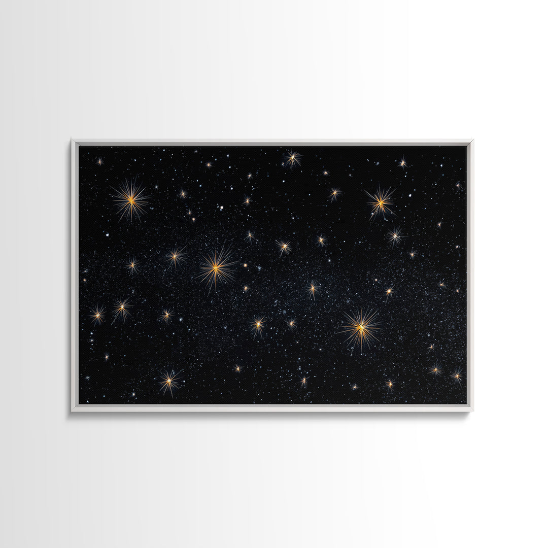 Black Night Sky With Golden Starbursts Wall Art, Cosmic Retro Art Print, Space Abstract Art, Modern Wall Decor, Bedroom Art Prints
