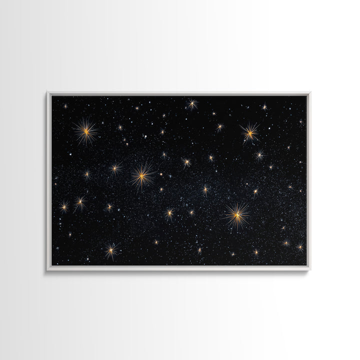 Black Night Sky With Golden Starbursts Wall Art, Cosmic Retro Art Print, Space Abstract Art, Modern Wall Decor, Bedroom Art Prints