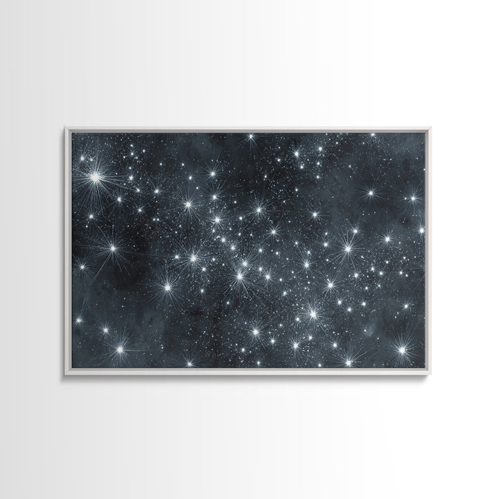 Monochrome Silver Starry Night Wall Art, Black White Space Abstract Art Print, Modern Wall Decor, Moody Bedroom Art Poster