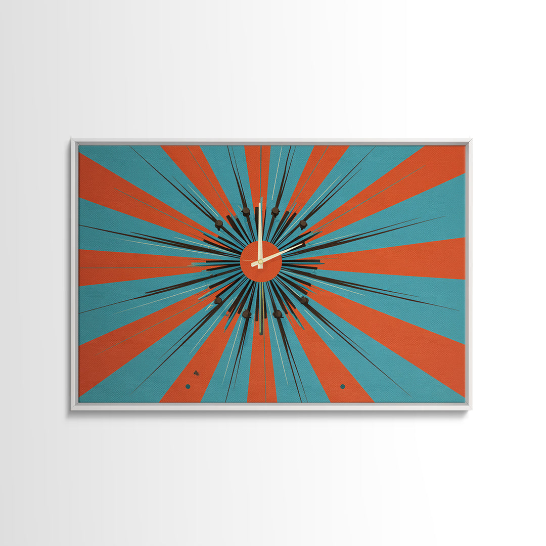 Orange Teal Atomic Starburst Framed Canvas Print, Midcentury Modern Wall Art, Retro Geometric Poster, MCM Decor, Living Room Art