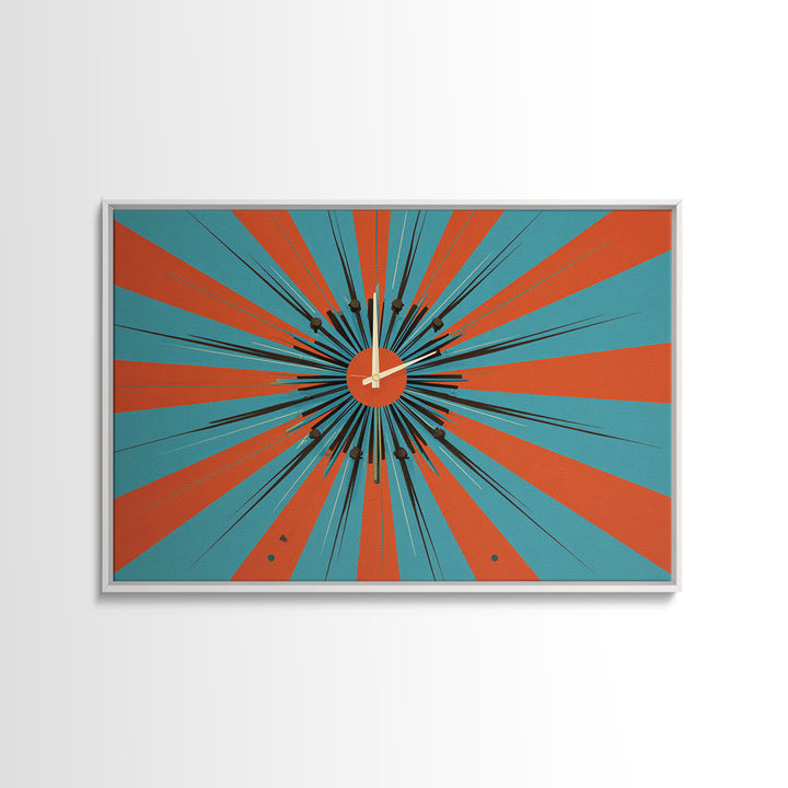 Orange Teal Atomic Starburst Framed Canvas Print, Midcentury Modern Wall Art, Retro Geometric Poster, MCM Decor, Living Room Art