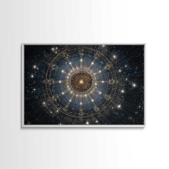 Golden Celestial Mechanical Mandala Wall Art, Cosmic Geometric Art Print, Modern Abstract Space Decor, Statement Poster Gift