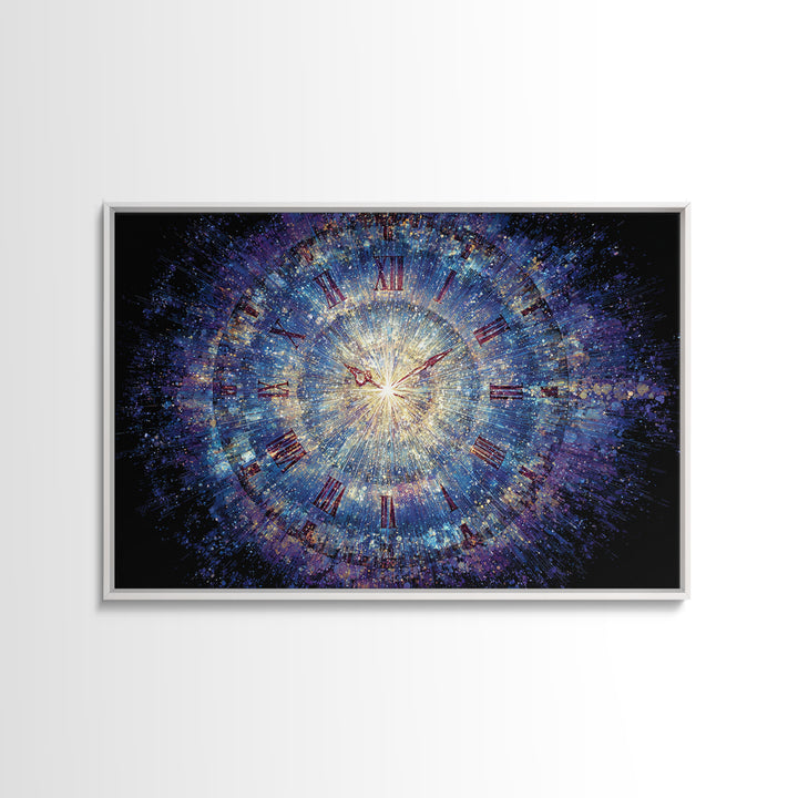 Exploding Cosmic Clock With Roman Numerals Canvas Print, Blue Space Abstract Art, Modern Wall Art, Celestial Time Decor Poster