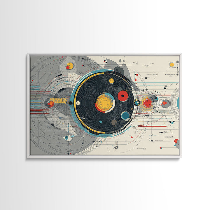 Retro Futuristic Orbital Circles Framed Canvas Print, Midcentury Modern Abstract Art, Geometric Wall Art, MCM Decor, Living Room Art