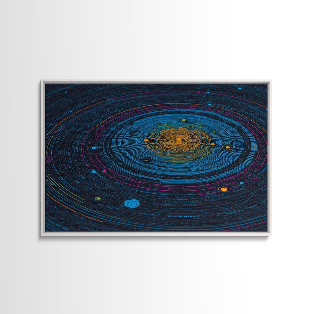 Blue Solar System Canvas Print, Planetary Orbit Chart Wall Art, Modern Digital Art, Sci Fi Wall Decor, Astronomy Poster Gift