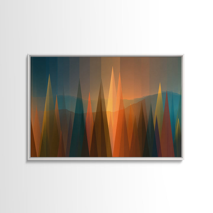 Abstract Sunset Forest Spires Wall Art, Midcentury Modern Canvas Print, Geometric Landscape, Office Decor, MCM Wall Art Print