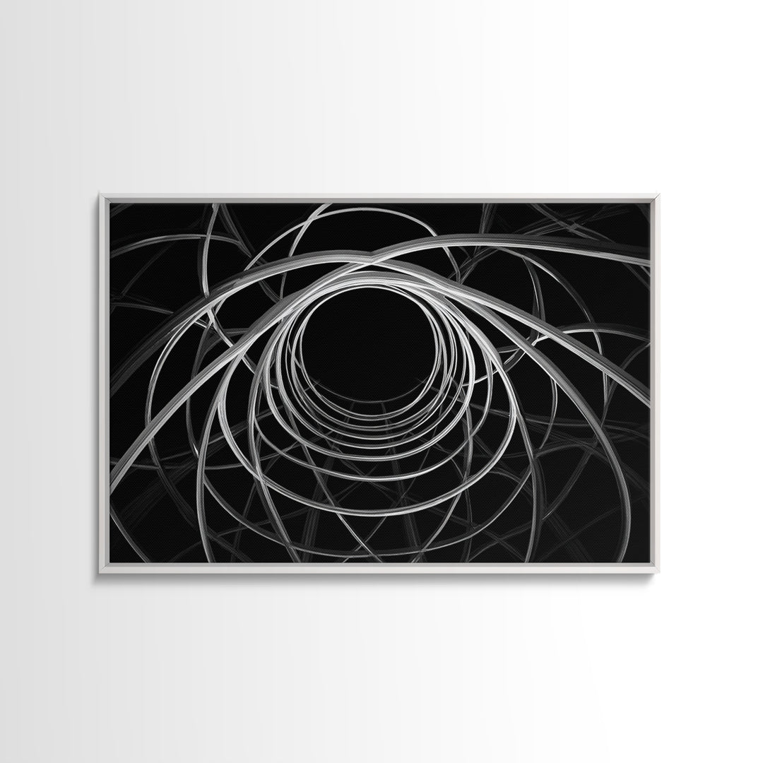 Black And White Orbital Vortex Wall Art, Modern Abstract Line Print, Monochrome Geometric Op Art For Statement Office Decor
