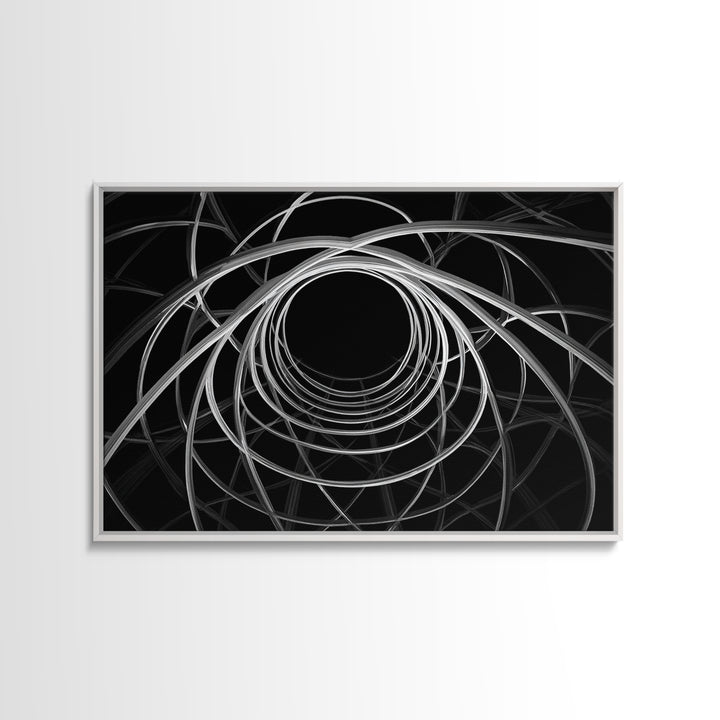 Black And White Orbital Vortex Wall Art, Modern Abstract Line Print, Monochrome Geometric Op Art For Statement Office Decor