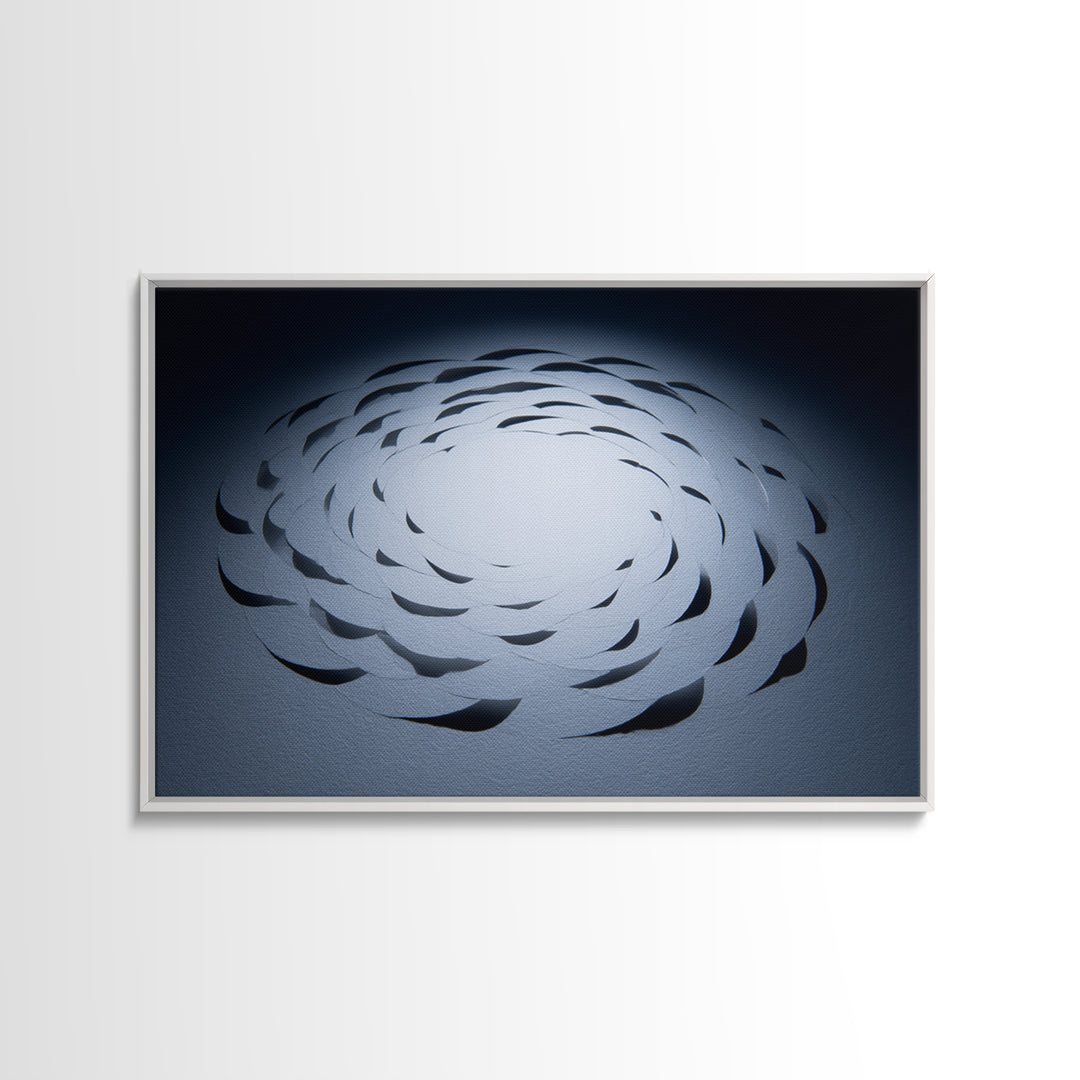 White Paper Cut Spiral Flower Canvas Print, Minimalist Modern Abstract Wall Decor, Blue Black Sculptural Textile Statement Art