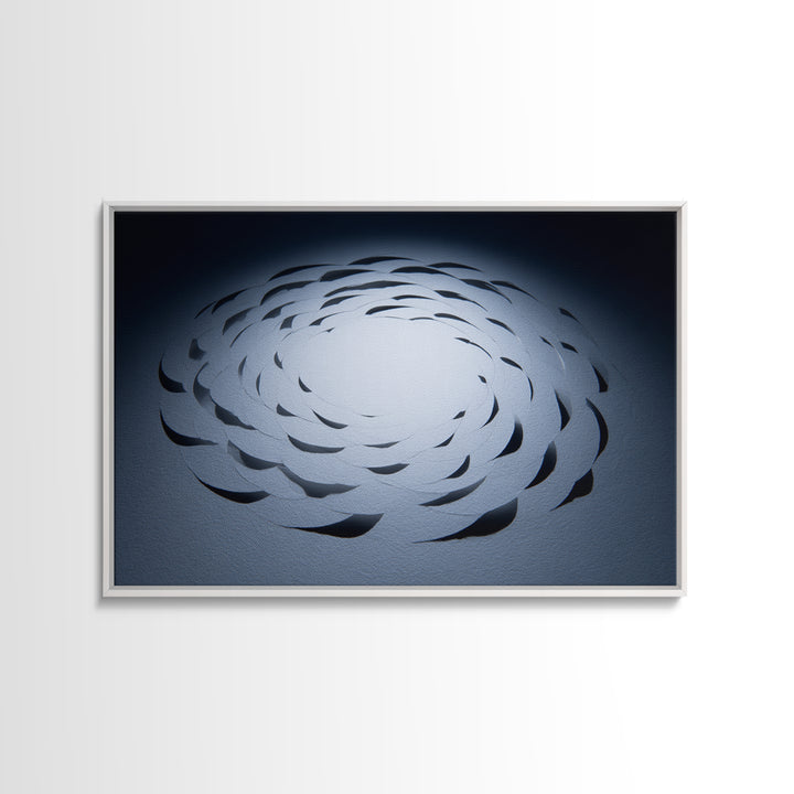 White Paper Cut Spiral Flower Canvas Print, Minimalist Modern Abstract Wall Decor, Blue Black Sculptural Textile Statement Art