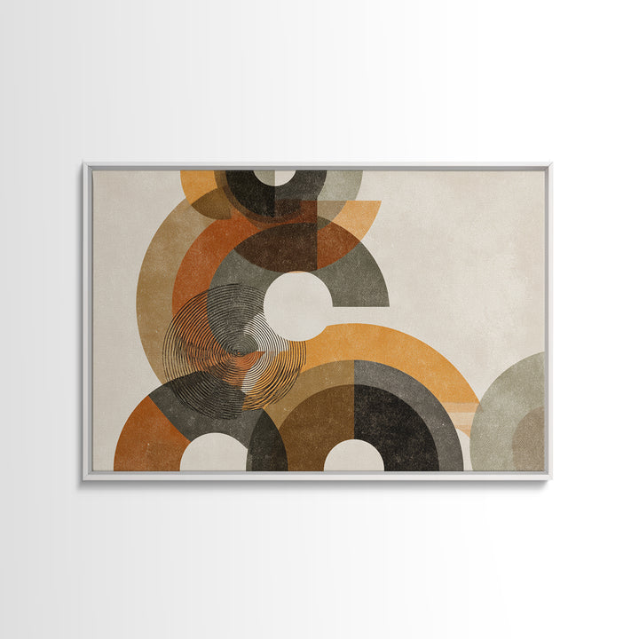 Earthy Orange Black And Beige Circles Framed Canvas Print, Midcentury Modern Abstract Geometric Wall Decor, Retro MCM Art