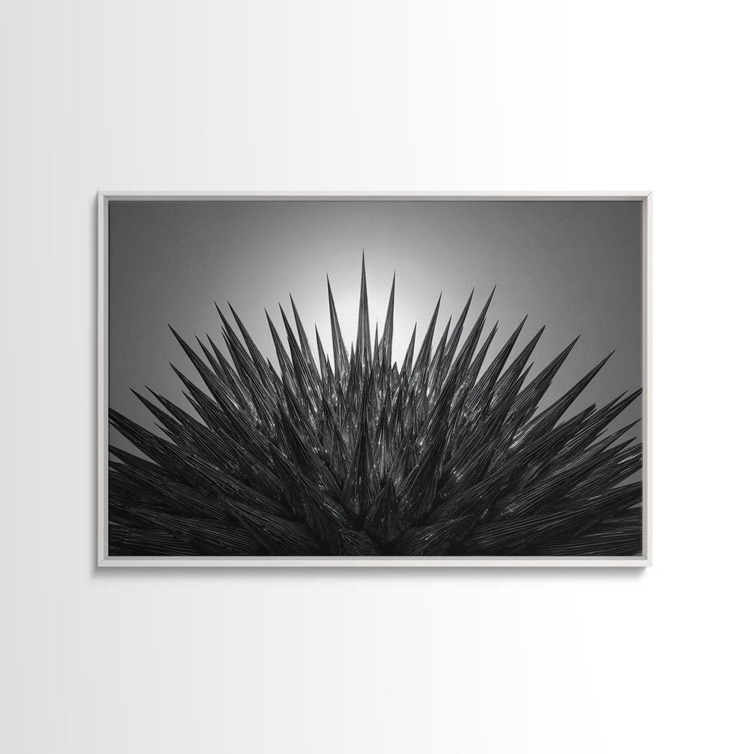 Black Spiky Radial Feather Abstract Wall Art, Monochrome Modern Nature Print, Dramatic Geometric Statement Office Decor