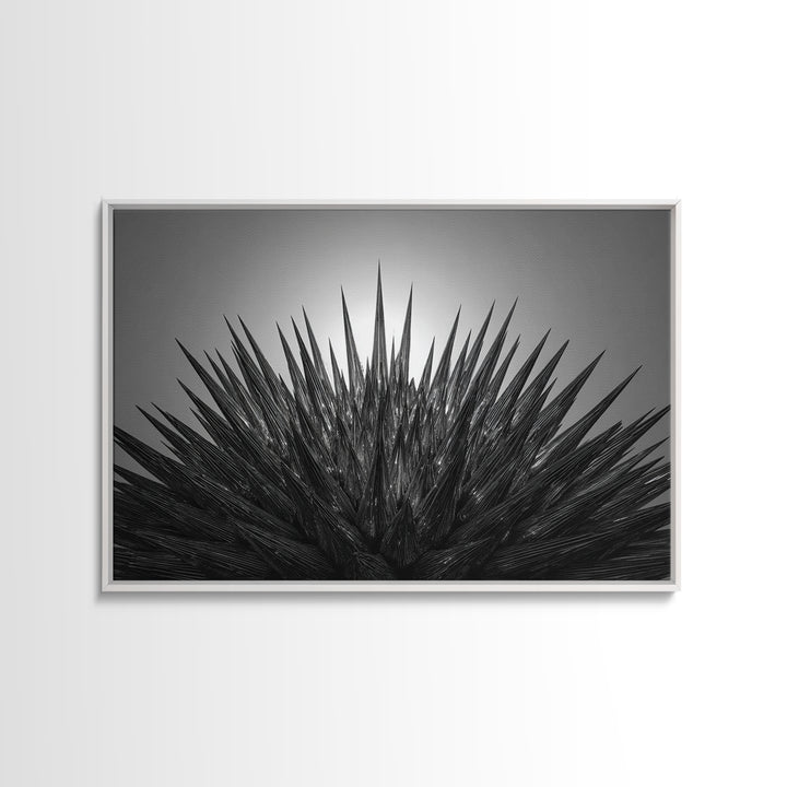 Black Spiky Radial Feather Abstract Wall Art, Monochrome Modern Nature Print, Dramatic Geometric Statement Office Decor