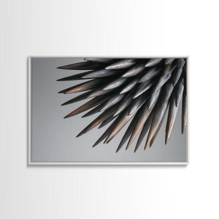 Metallic Black Spines Close Up Canvas Print, Modern Abstract Nature Office Wall Decor, Minimalist Monochrome Statement Art