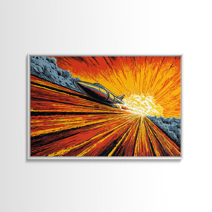 Retro Rocket Speeding Into Solar Burst Wall Art, Sci Fi Space Poster, Atomic Mid Century Modern Decor, Orange Comic Print
