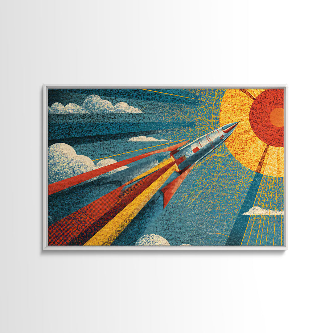 Sleek Rocket Flying Toward Sun Canvas Print, Retro Futurist Space Wall Decor, Mid Century Modern Art, Atomic Sci Fi Poster