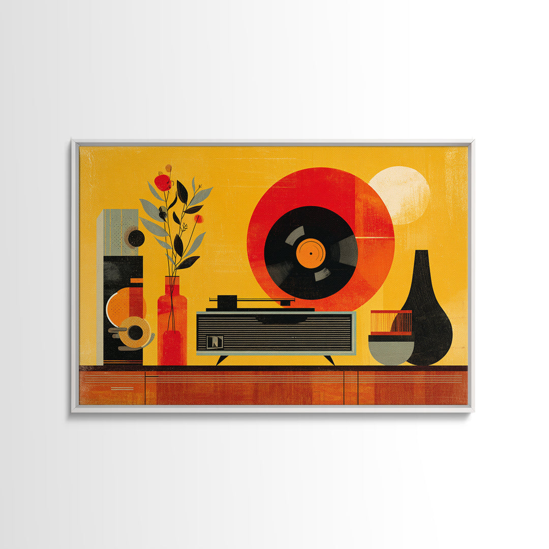Bold Yellow Stereo And Red Vinyl, Mid Century Modern Canvas Print, Retro Music Room Wall Decor, MCM Record Player Poster