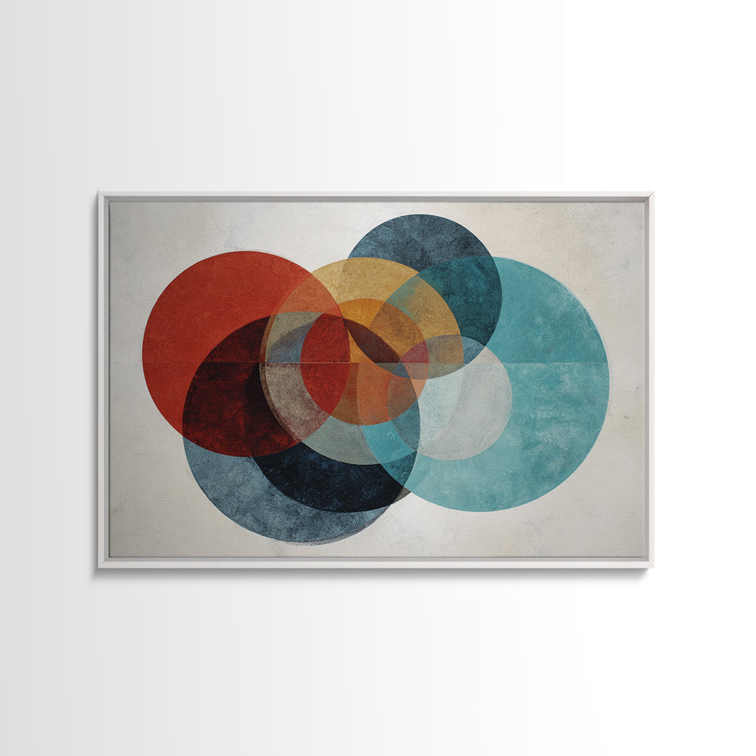 Textured Overlapping Circles Wall Art, Red Teal Mustard Abstract Print, Mid Century Modern Decor, Geometric Living Room Poster