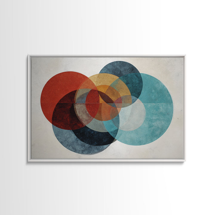 Textured Overlapping Circles Wall Art, Red Teal Mustard Abstract Print, Mid Century Modern Decor, Geometric Living Room Poster