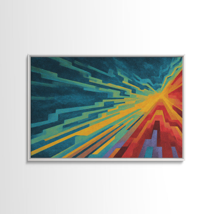 Neon Geometric Speed Lines In Teal Orange, Canvas Print, Abstract Wall Art, Modern Digital Art Poster For Gaming Room Decor