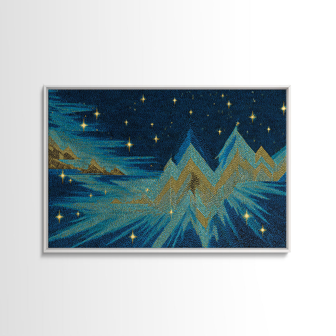 Starry Turquoise Mountains With Golden Peaks, Framed Canvas Print, Cosmic Retro Wall Art, Modern Abstract Decor For Living Room