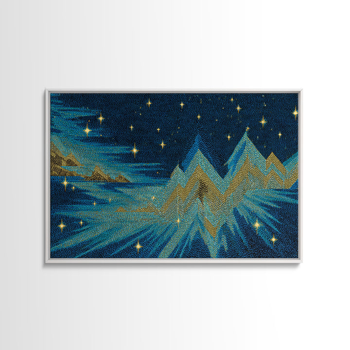 Starry Turquoise Mountains With Golden Peaks, Framed Canvas Print, Cosmic Retro Wall Art, Modern Abstract Decor For Living Room