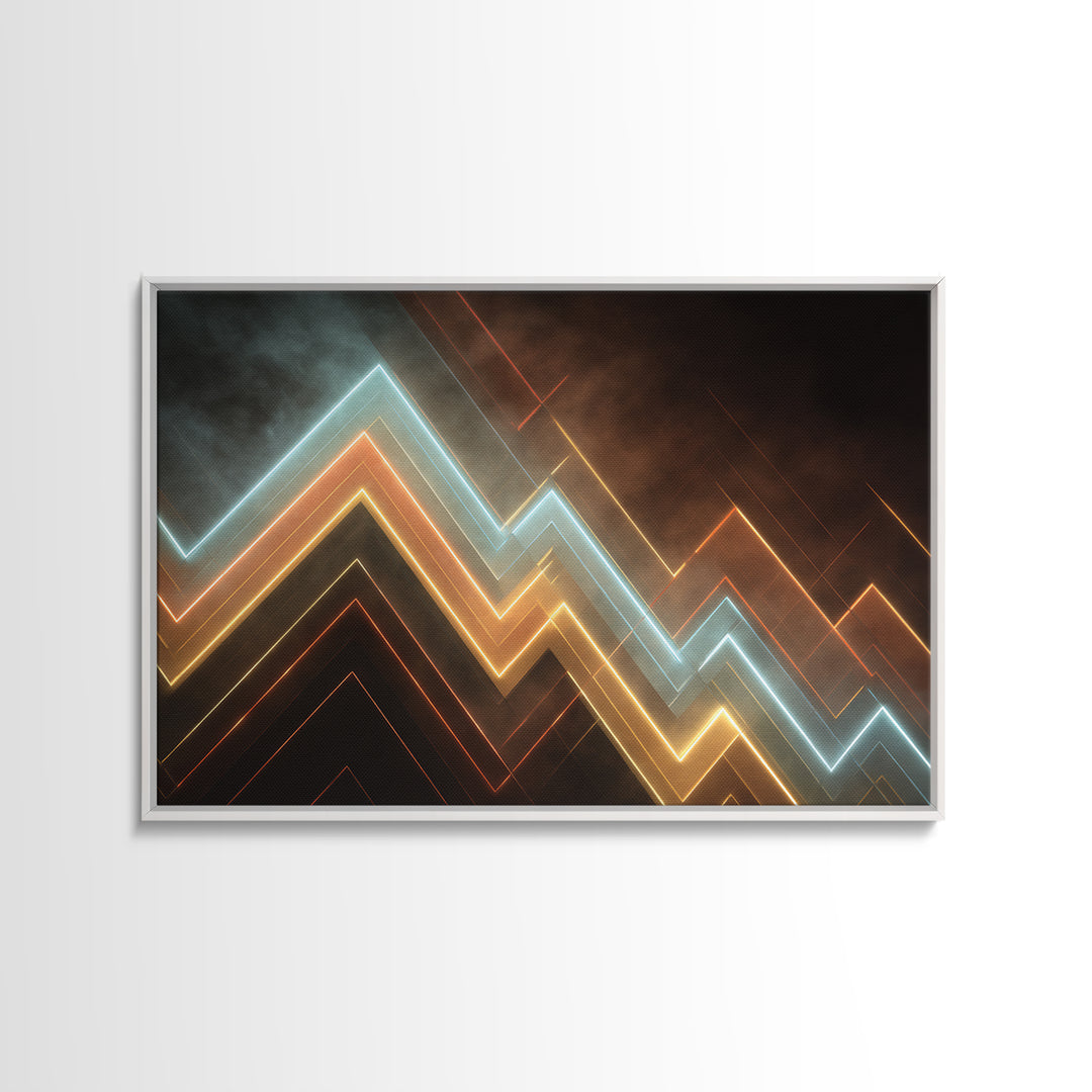 Glowing Neon Chevron Lines In Smoky Dark, Canvas Print, Geometric Wall Art, Modern Abstract Poster For Office Or Game Room