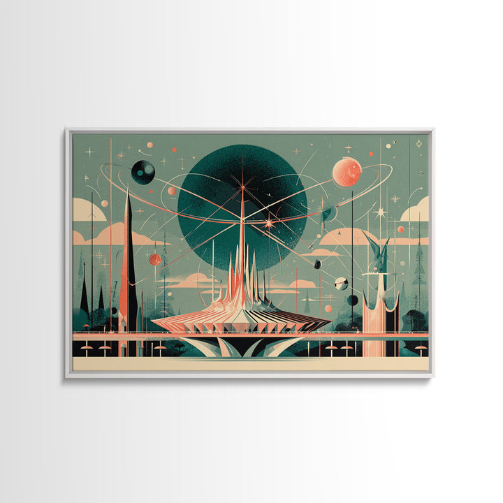 Atomic Futurist Pavilion Canvas Print, Midcentury Modern Wall Art, Retro Space Age Decor, Geometric MCM Architecture Poster