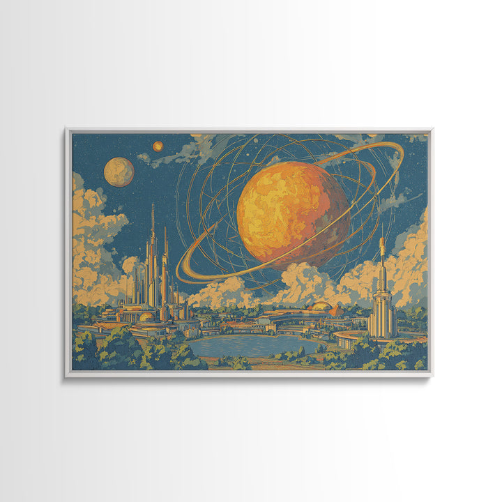 Ringed Planet Futurist City Wall Art, Midcentury Modern Sci Fi Poster, Retro Space Age Decor, Atomic Skyline Canvas Print
