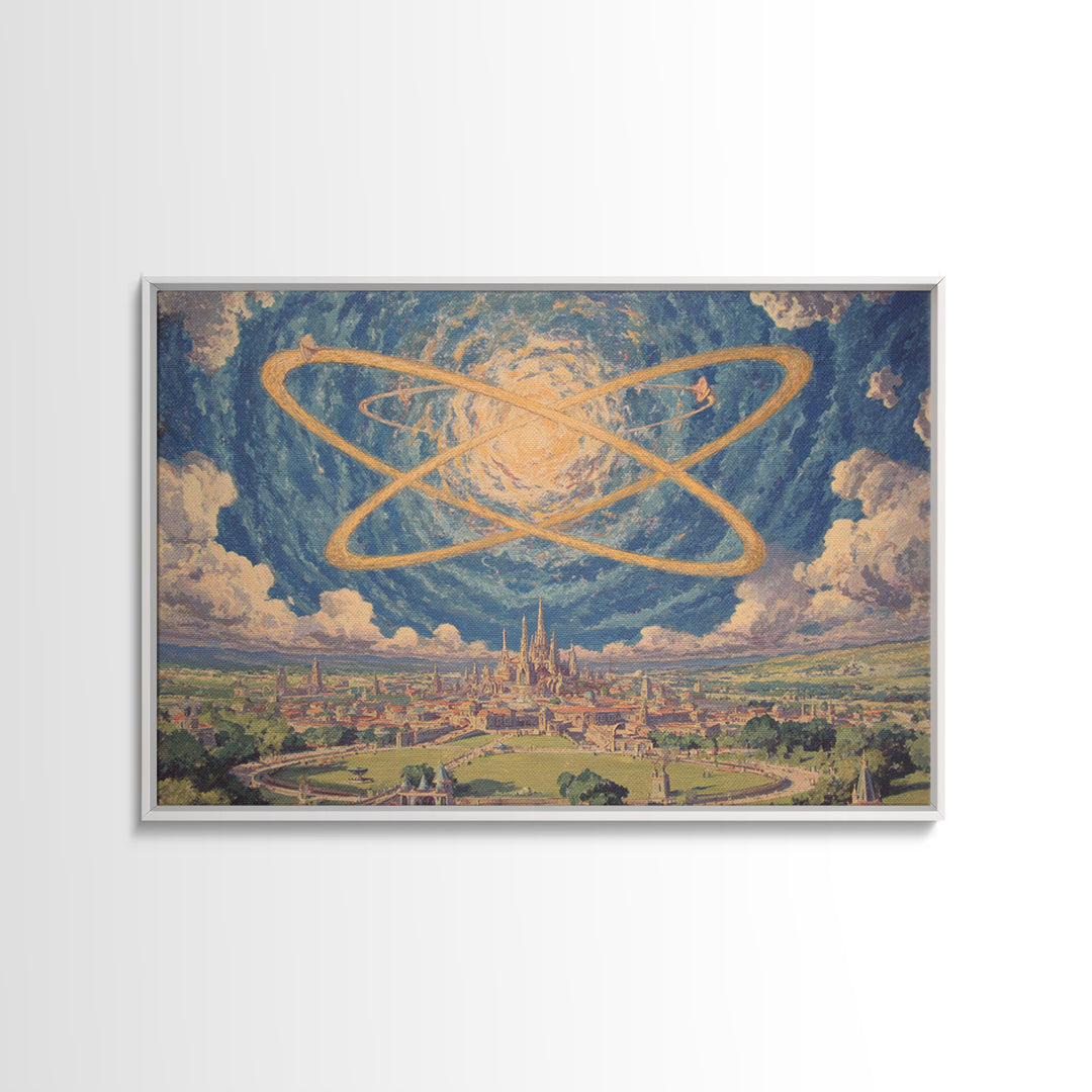 Glowing Atomic Rings Over Utopian City Wall Art, Retro Futurist Landscape Print, Midcentury Modern Sci Fi MCM Decor Poster