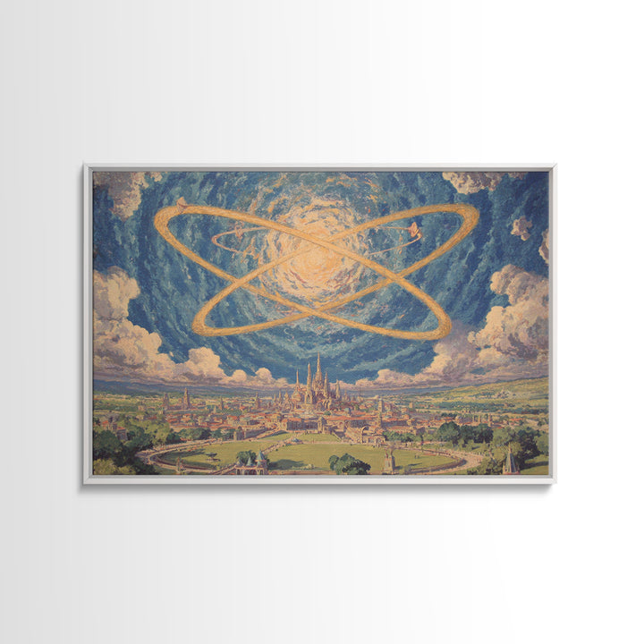 Glowing Atomic Rings Over Utopian City Wall Art, Retro Futurist Landscape Print, Midcentury Modern Sci Fi MCM Decor Poster