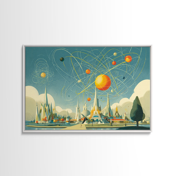 Midcentury Atomic Expo Skyline Wall Art, Retro Futurist Geometric Poster, Modern Space Age MCM Living Room Decor, Canvas Print