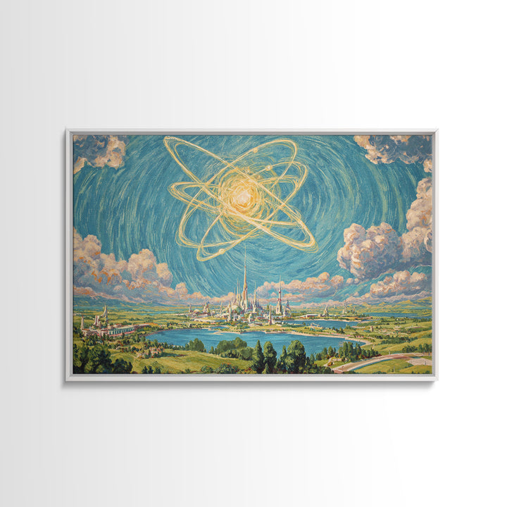 Radiant Atomic Sky Over Future City Wall Art, Midcentury Modern Sci Fi Landscape Poster, Retro Space Age MCM Decor Print