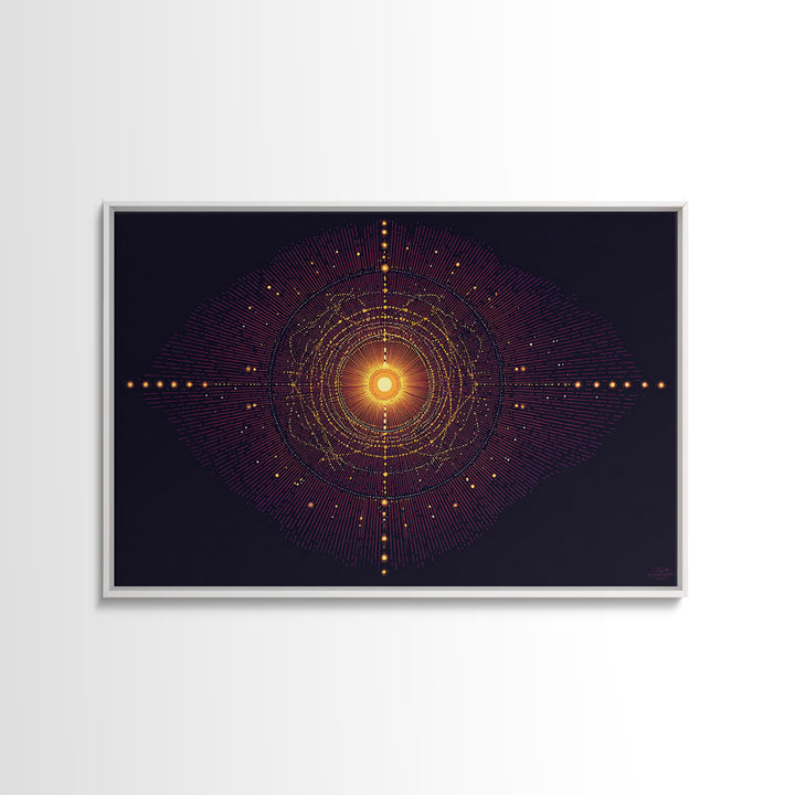 Glowing Orange Cosmic Mandala Wall Art, Midcentury Modern Abstract Art Print, Space Geometric Retro Decor, Large MCM Poster