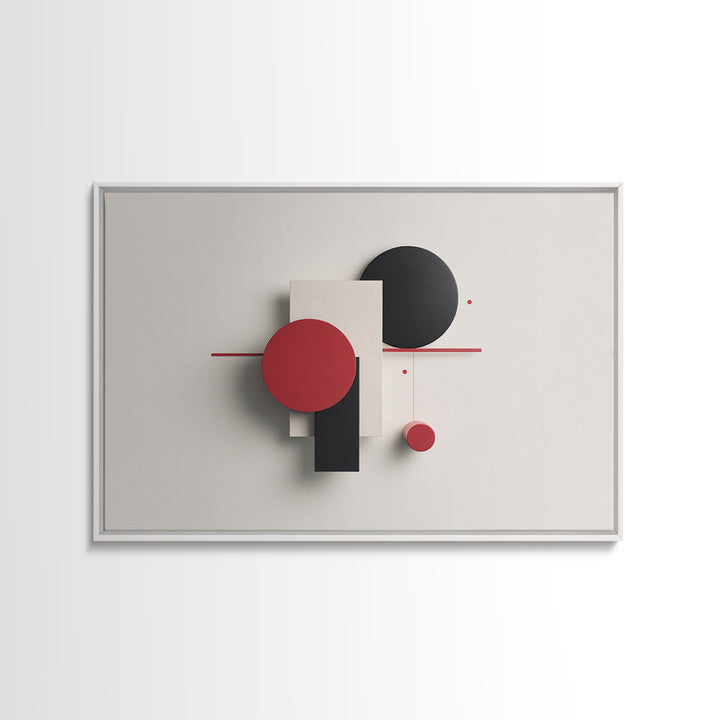 Red Black White Dimensional Shapes Framed Canvas Print, Midcentury Modern Wall Art, Geometric Abstract MCM Decor, Bold Poster